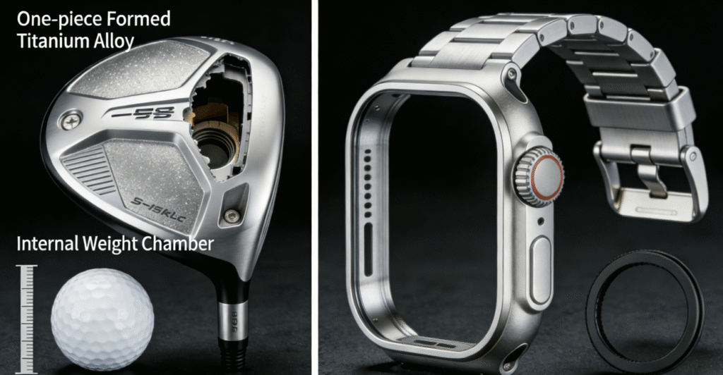 Side-by-side comparison: A meticulously machined titanium golf club driver head with visible internal weight chambers sits next to a CNC-machined aluminum smartwatch case, highlighting the precision and complexity achievable for both traditional and electronic sports gear.