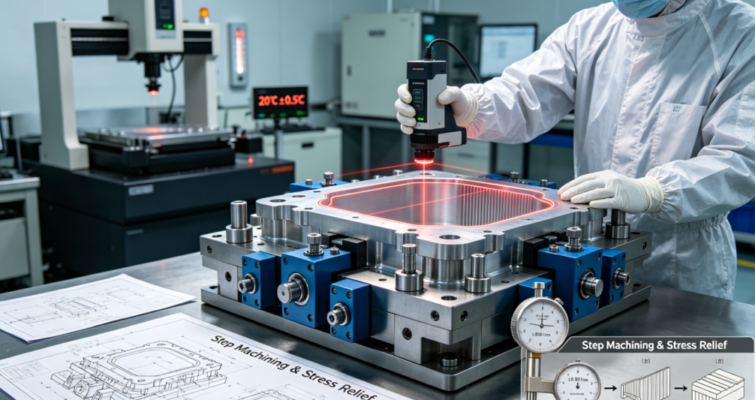 A technician measures a complex, thin-wall aluminum filter cavity secured in a specialized hydraulic fixture inside a climate-controlled metrology lab, ensuring minimal deformation.