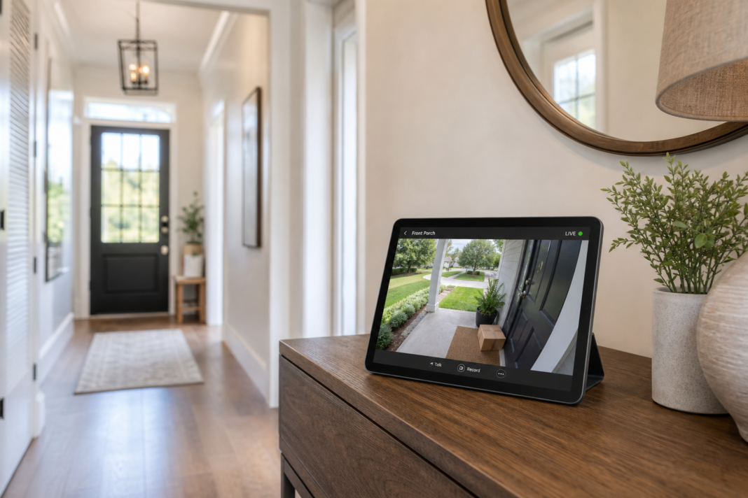 5 Must-Have Tech Gadgets for Elderly Living Alone Tablet displaying front porch security camera feed in hallway.